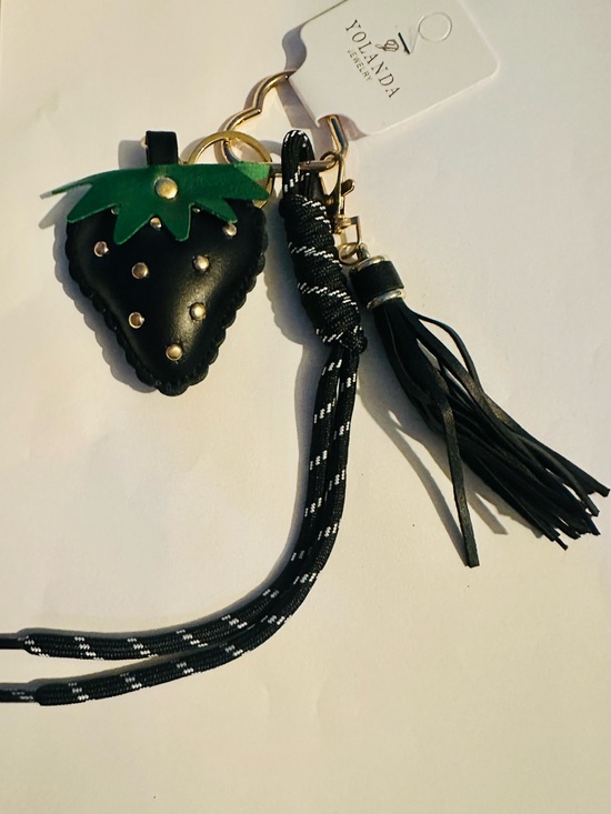 Accessories - Black Faux Leather Studded Strawberry Bagcharm Keychain Tassel Accessory